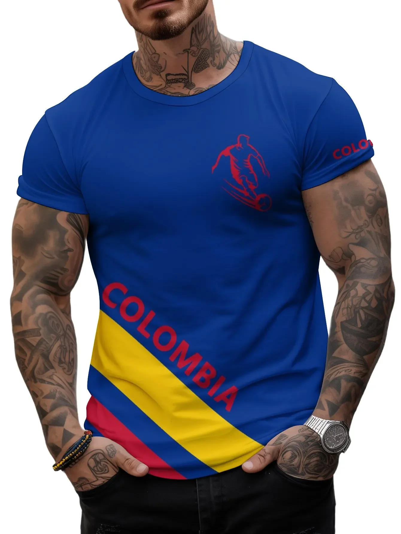 Simple Colombia football jersey 3D printed T-shirt, men\'s summer sports fitness running lightweight breathable quick-drying top