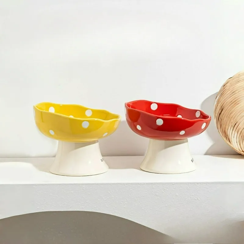 Mushroom Ceramic Cat Bowl Neck Protection Prevent Black Chin Raised Water Food Bowls