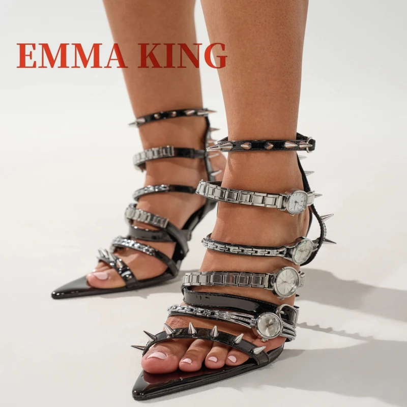 ساعة فضية أحذية مثيرة مفتوحة أشار تو خنجر صندل برشام ديكور رقيقة عالية الكعب الزفاف مضخات أحذية مأدبة نسائية