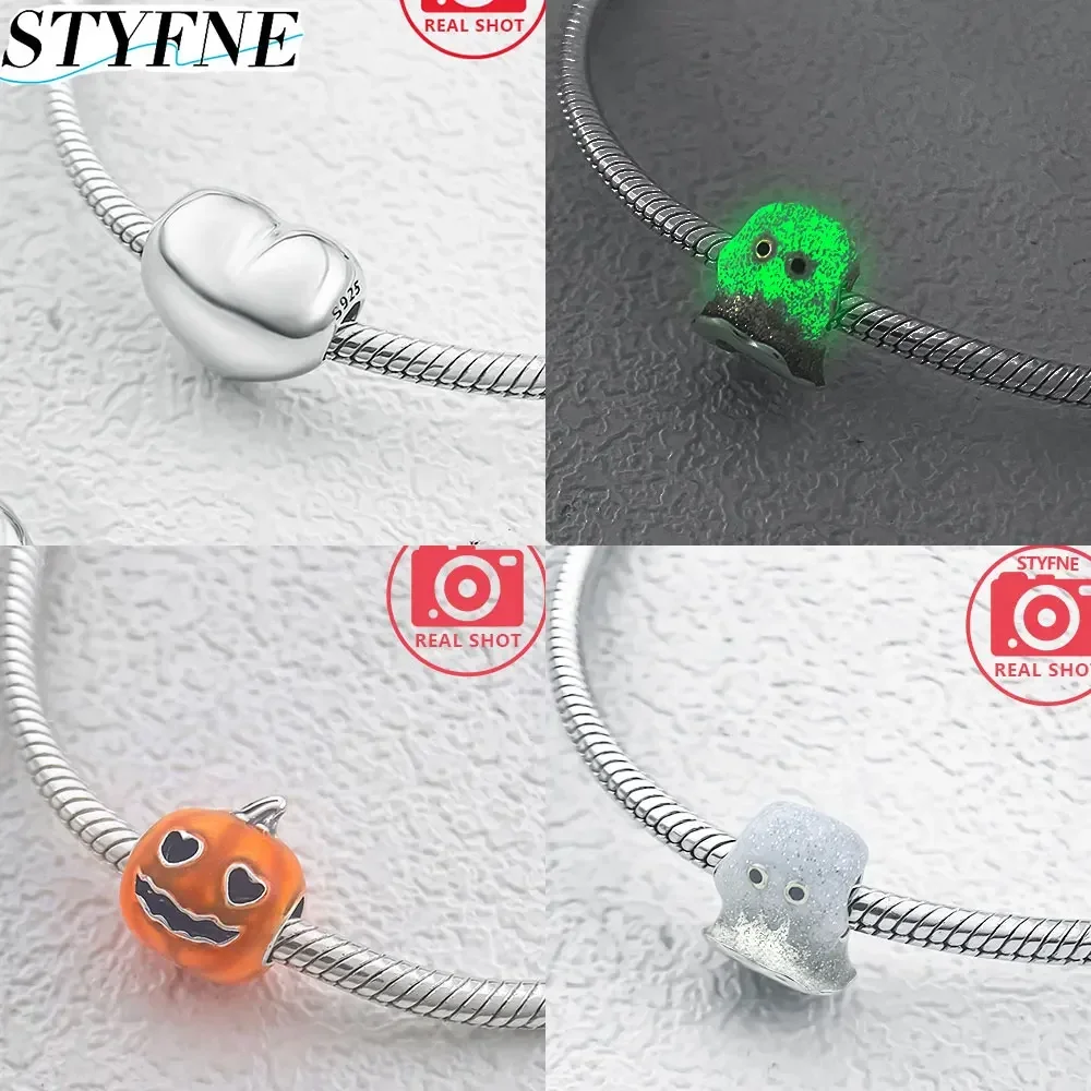 Sterling 925 Silver Luminous Ghost Enamel Craft Cute Spooky Charm Beads for Women Original Bracelet Diy Jewelry Halloween Gift