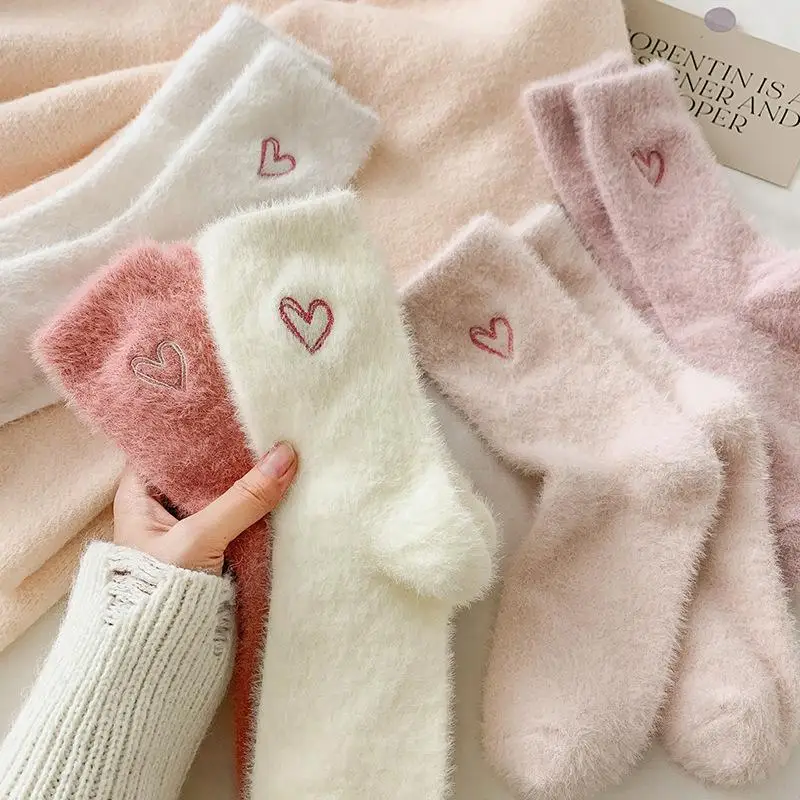 Women's Thickened Mink Fur Socks Pink Heart Embroidery Plush Sleepwear Solid Color Warm Middle Tube Autumn Winter Home Stockings
