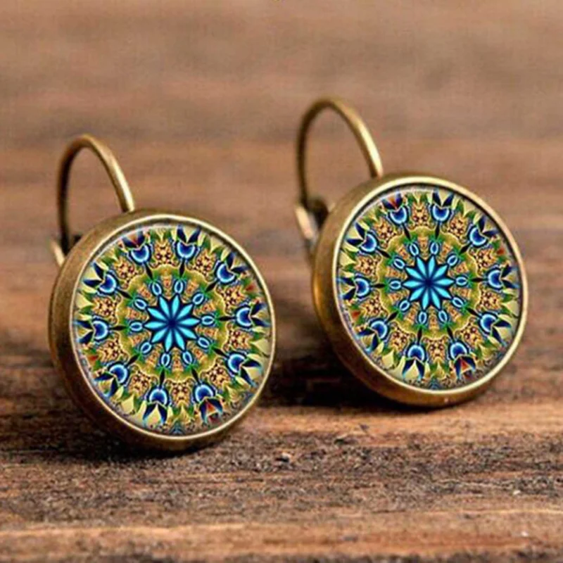 Hot Selling Pop Jewelry Dome Glass Alloy Earrings Datura Style Pattern Retro Fashion Gift
