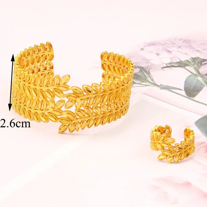 New Copper Plated Gold Flower Bangle Ring Set for Women Arabic Dubai Bridal Cuff Bracelet Ethnic Wedding Jewelry Free Size