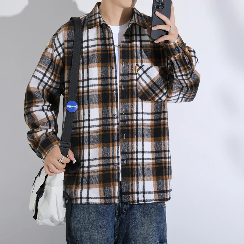 

Ретро-рубашка в клетку с длинным рукавом для мужчин, повседневная свободная модная куртка в стиле High Street, новая модель, смесовая ткань из полиэстера и хлопка, осень-весна