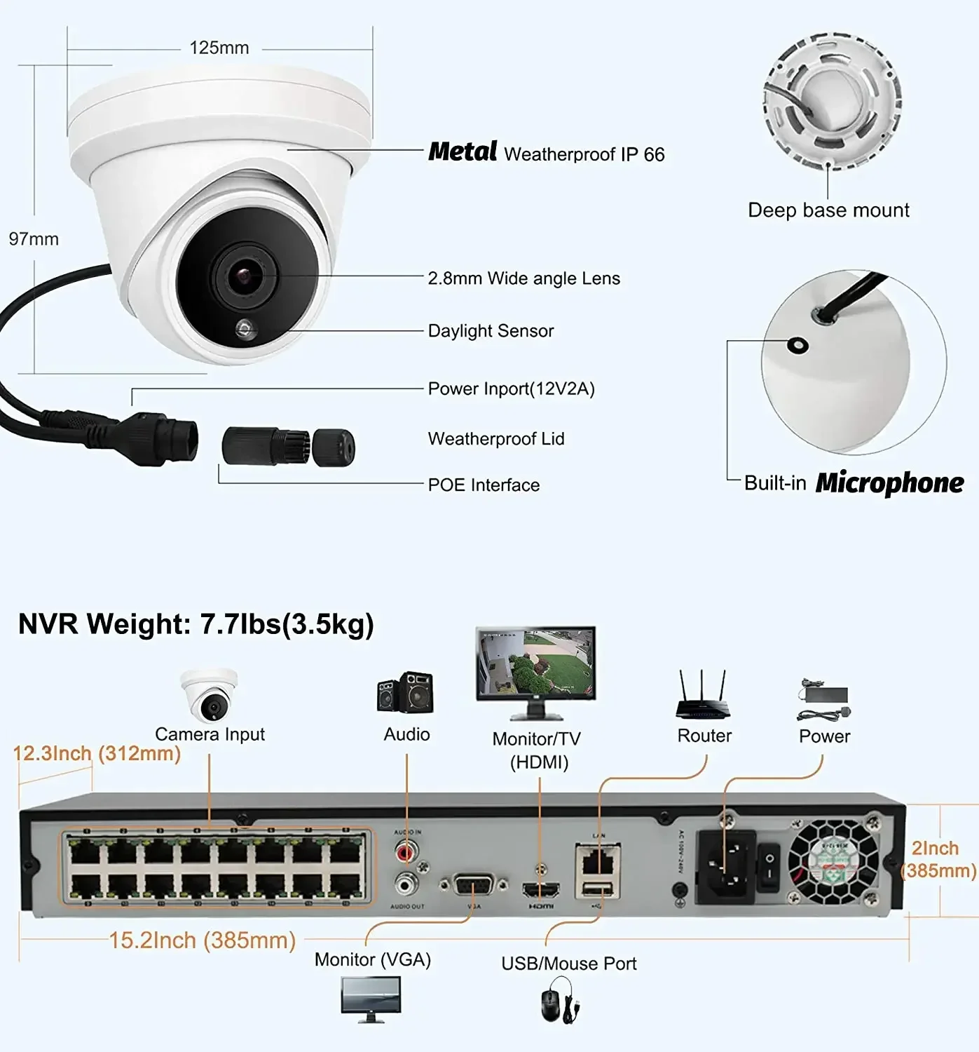 16CH 8MP 4K Turret POE IP Dome Camera System, 4K 16CH POE NVR Kits, 8MP IP POE Camera