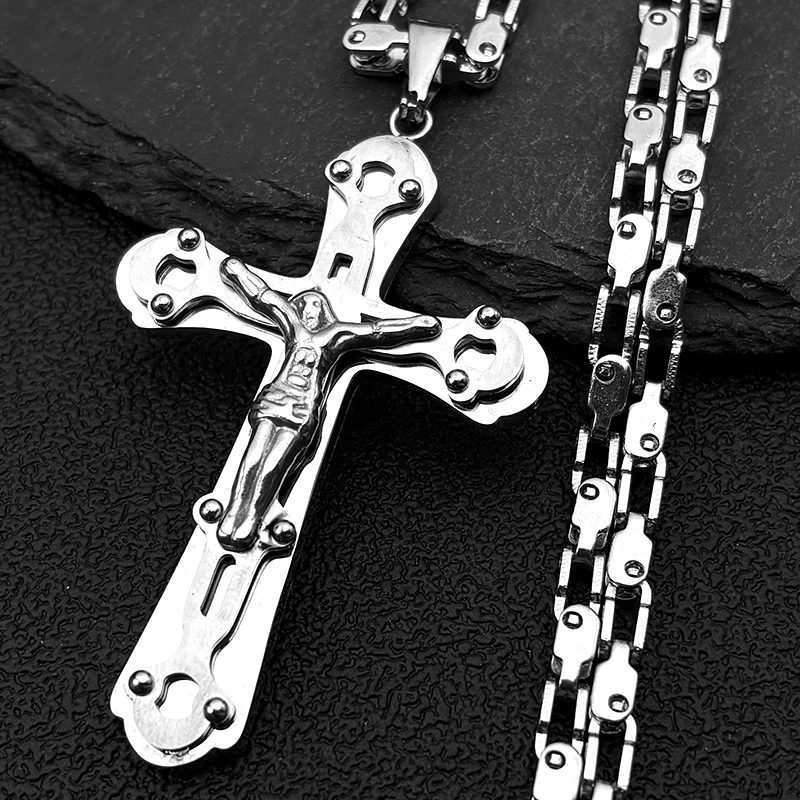 

Catholic Jesus Crucifix Cross Pendant Necklace for Women Men Stainless Steel Gold Color Hip Hop Chain Amulet Jewelry Gift