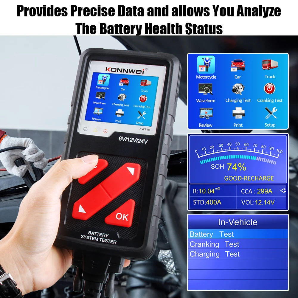 KONNWEI KW710 Motorcycle Car Truck Battery Tester KW 710 Battery Analyser 6V 12V 24V Car Cranking and Charging System Diagnosis