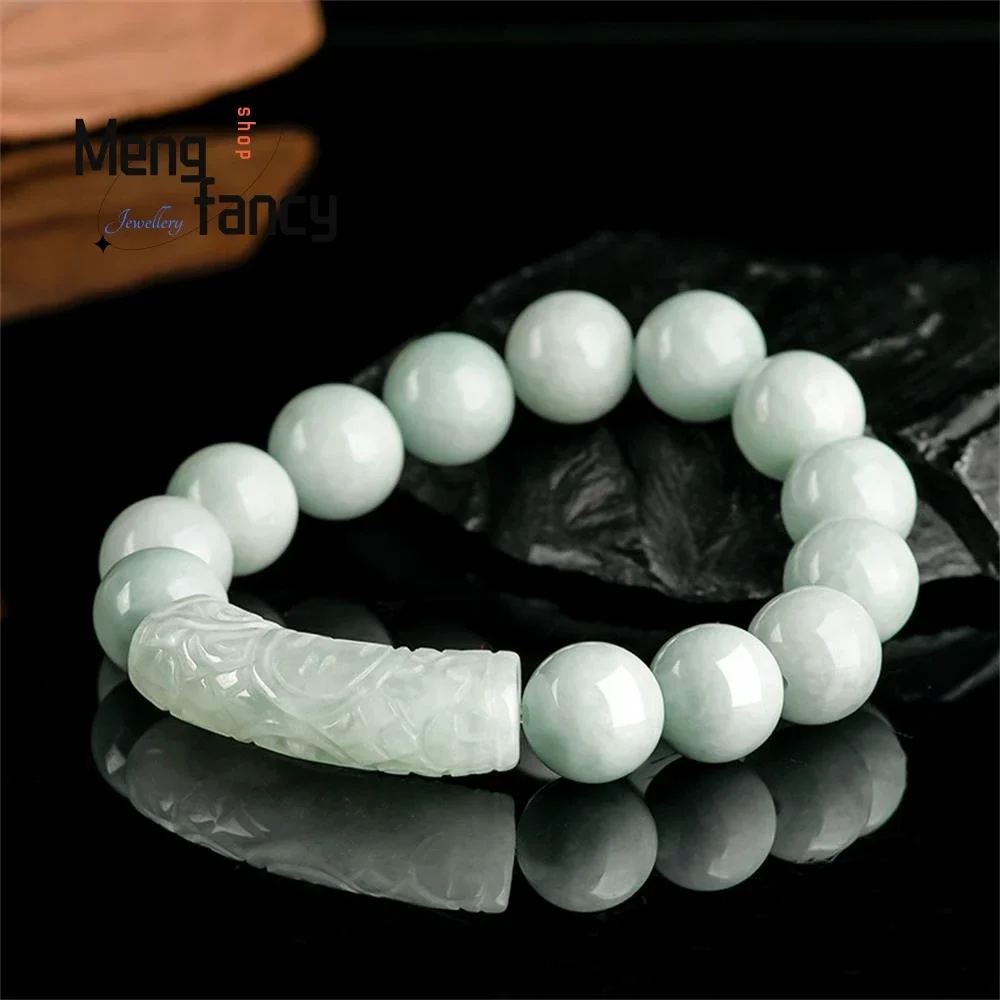 Natural Myanmar A-goods Jadeite Blessing Flower Pattern Curved Strip 13mm Ice Jade Beads Bracelet Exquisite Fashion Fine Jewelry