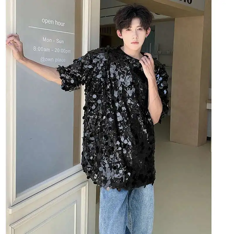 LUZHEN Personalized Trendy Sequin Splicing Design Short Sleeve T Shirts Original Stylish Street High Quality Men\'s Tops LZ3917