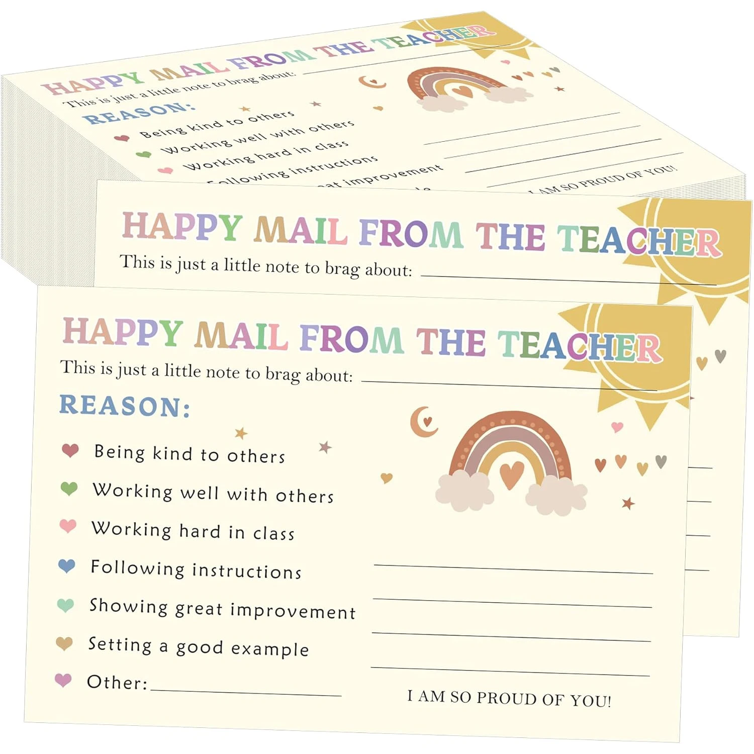 Sunshine Rainbow Happy Mail Teacher Notes to Parents Classroom Good Behavior Incentive Motivational Cards 20pcs