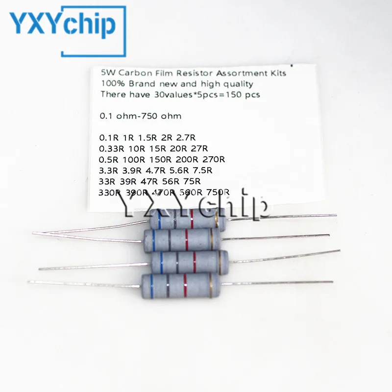

150PCS 5W 0.1R~750R Resistor Pack Set, 30 Values Carbon Film Resistor Assorted Kit, 10 ohm resistor 5% resistencias electronica