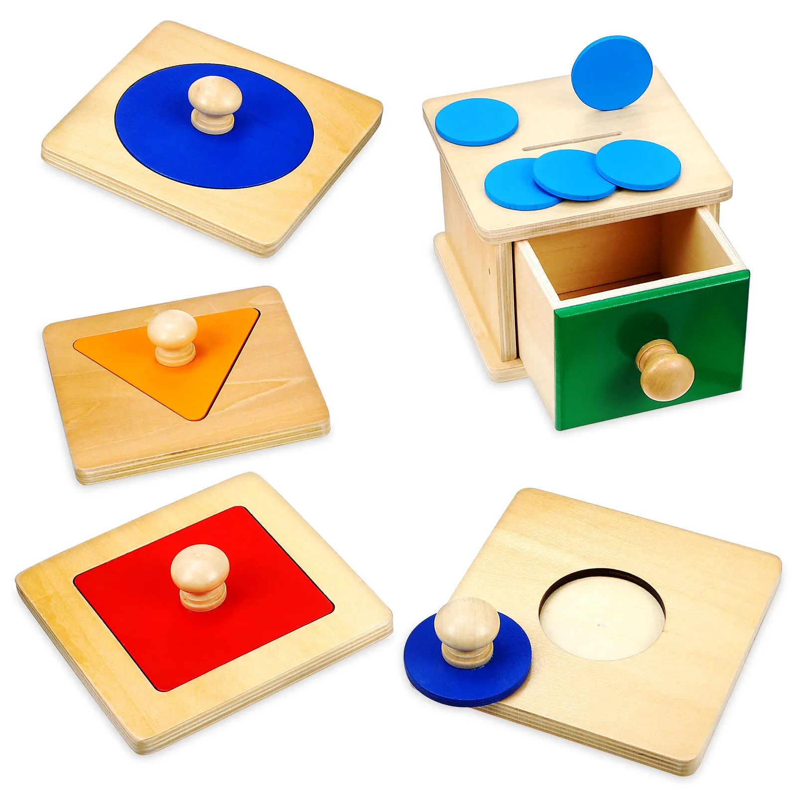 

2Set Geometric Coin Box Montessori Wooden Puzzle Boards Educational Sorting Sets for Toddlers Early Learning Color Shape