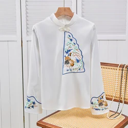 Chinese Style Imitation Silk Shirt Crane Embroidered Shirt Retro Disc Button Stand Collar Modified Tang Costume Women's Blouse