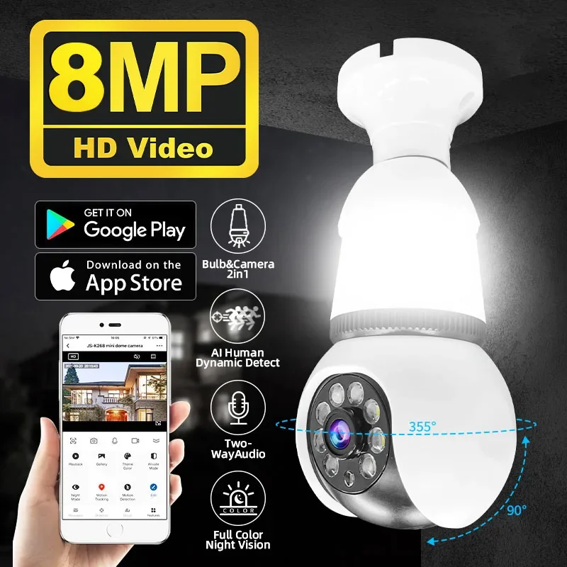 

8MP E27 Bulb Camera LED Bulb WiFi Surveillance Automatic AI Tracking Indoor Video 8X Zoom Night Vision Wireless Cam PTZ Cameras