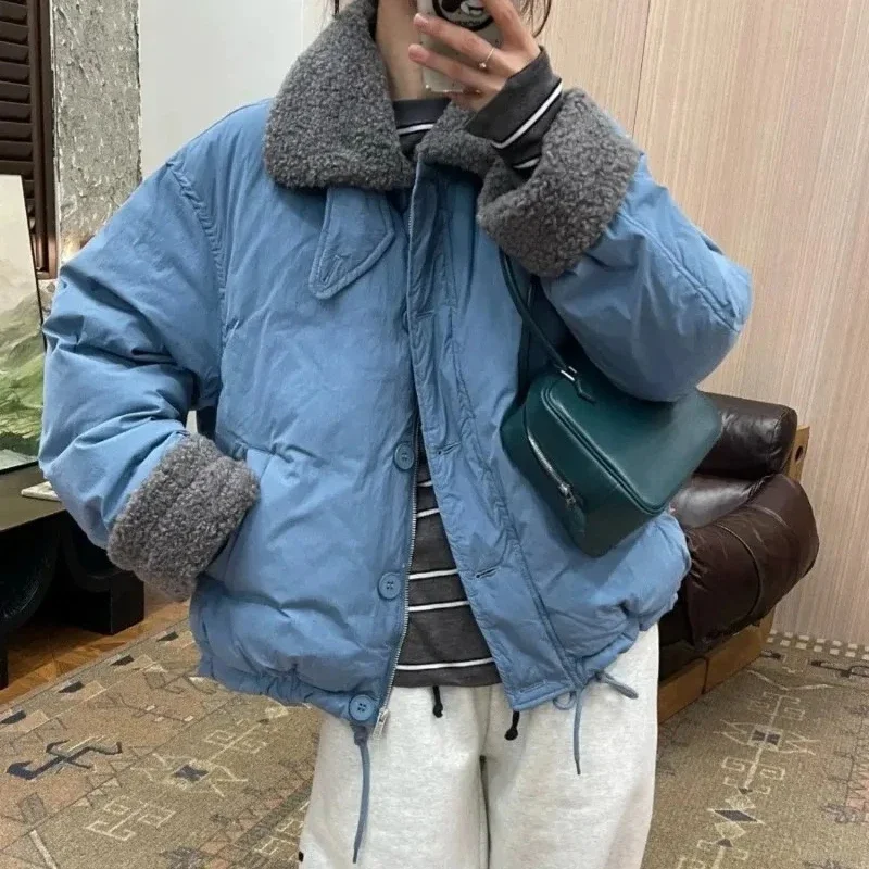 

Lamb Wool Collar Spliced Cotton Jacket for Women with Fashionable Design Loose 2025 Winter Casual Cotton Jacket