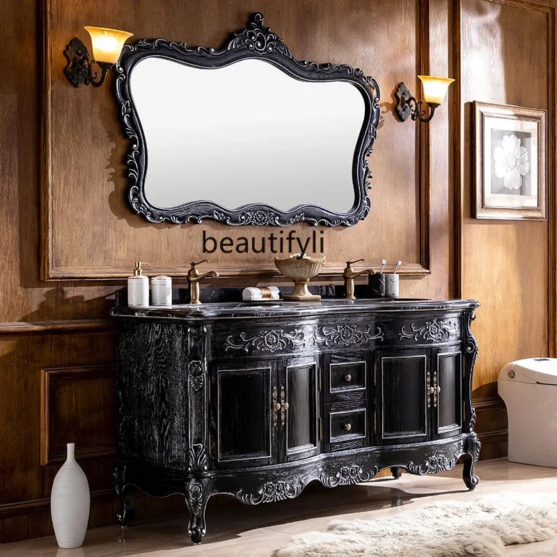 QQ High-End Red Oak Log Bathroom Cabinet Double Basin Wash Face Wash Basin Combination Black Open