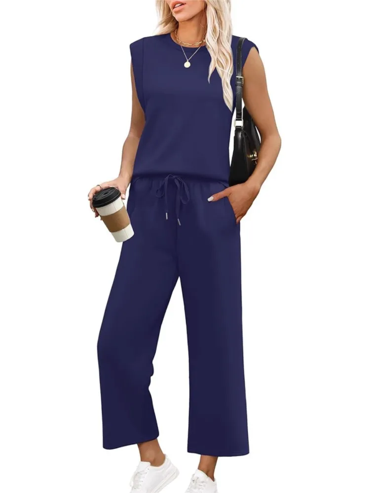 

Elegant Temperament Women 2 Piece Sets 2025 Summer New Sleeveless Tops And Elastic Waist Lace-up Casual Pants Set Solid Outfits