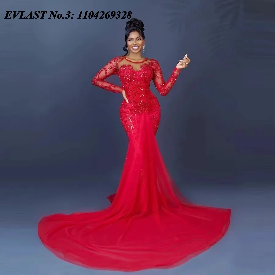 EVLAST ชุดราตรีสีแดงแบบ Aso Ebi ทรงเมอร์เมด แขนยาว ประดับลูกไม้ ปักคริสตัล ชุดราตรีงานพรอม รุ่น E3P478