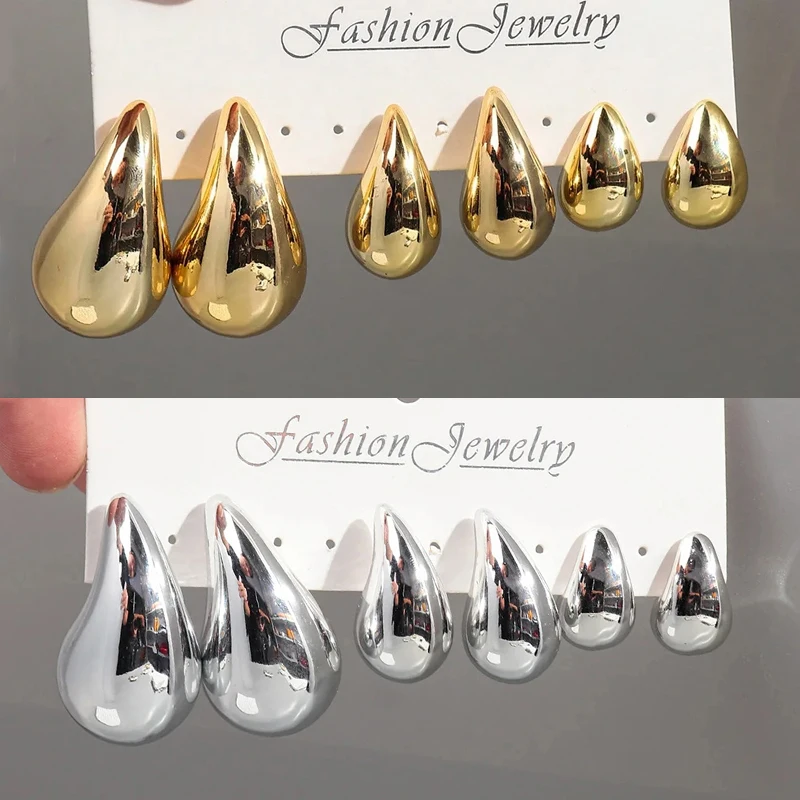 Anting-anting jatuh warna emas, 2 buah/set piring trendi anting-anting menjuntai tebal warna emas untuk wanita kepribadian Glossy anting-anting tetesan air mata hadiah perhiasan