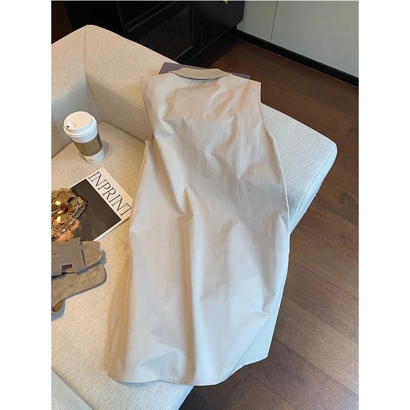 Vestidos coreanos sencillos con cremallera y cuello vuelto sin mangas para mujer, camiseta sin mangas informal con temperamento de verano, vestido por debajo de la rodilla, ropa para mujer