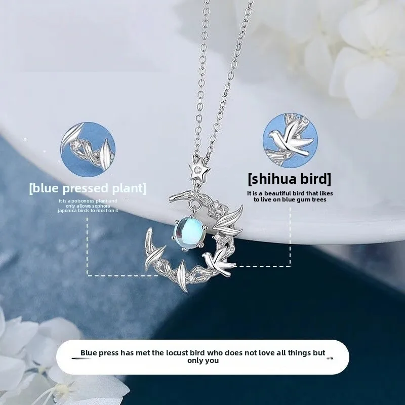 Chinese Style Lucky Blue Eucalyptus And Bird Necklace For Women Seiko Craft Light Luxury Pendant Niche Design Romantic Gift For view 2