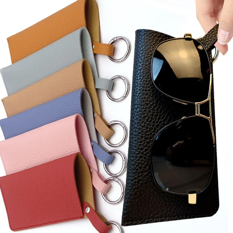 

Simple Hanging PU Leather Sunglasses Case Women Men Foldable Portable Metal Keyrings Reading Glasses Storage Bag Eyewear Holder