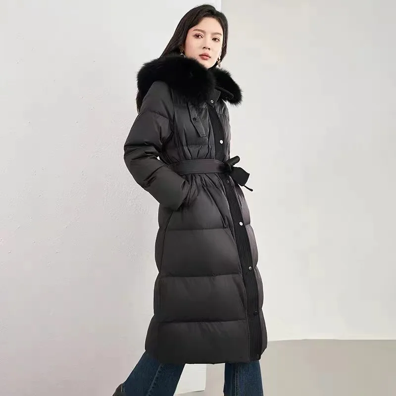 Women\'s Puffer Coats Winter New Outerwears White Goose Down Large Fur Collar Thick Parker Simple Slim Belt Elegant Down Jackets