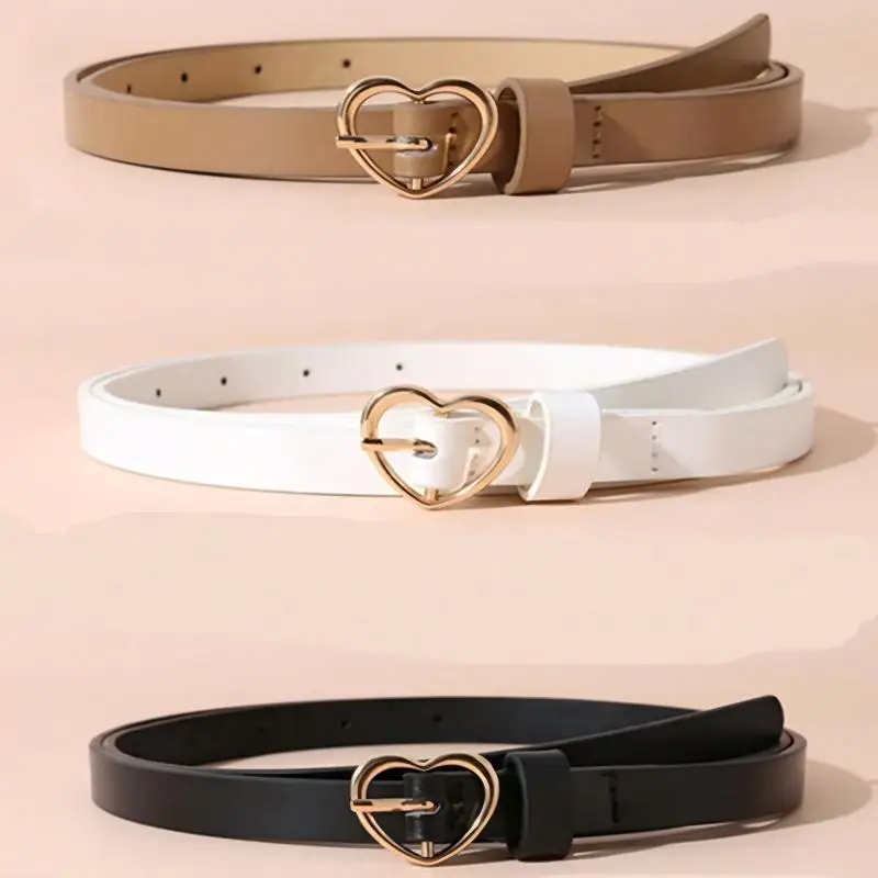 A Set of Three Heart-Shaped Gold Buckle Thin Waist Belt, Versatile for Daily Use