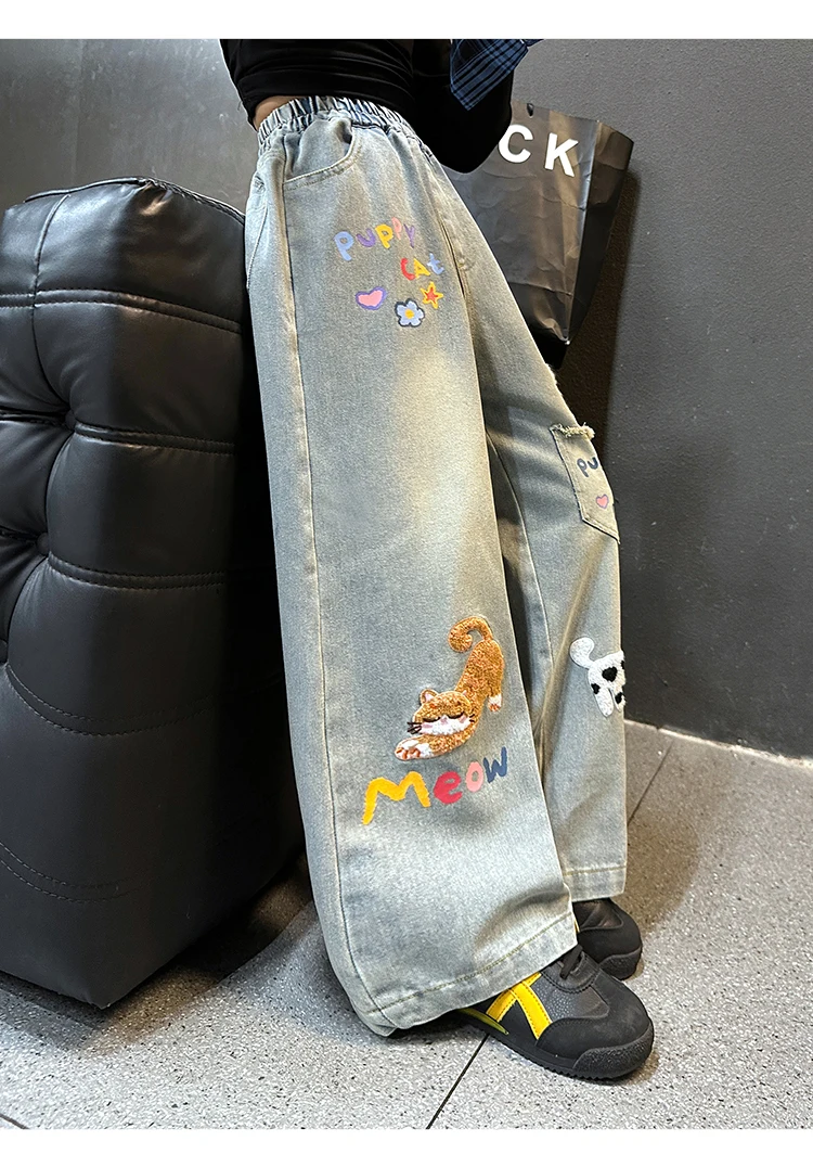 Herbstliche Jeans mit Hundestickerei für Teenager-Mädchen, Junior-Kinder-Denim-Hosen mit weitem Bein, Schul- und Streetwear-Jeans für Kinder im Alter von 5-14 Jahren – Detail 7