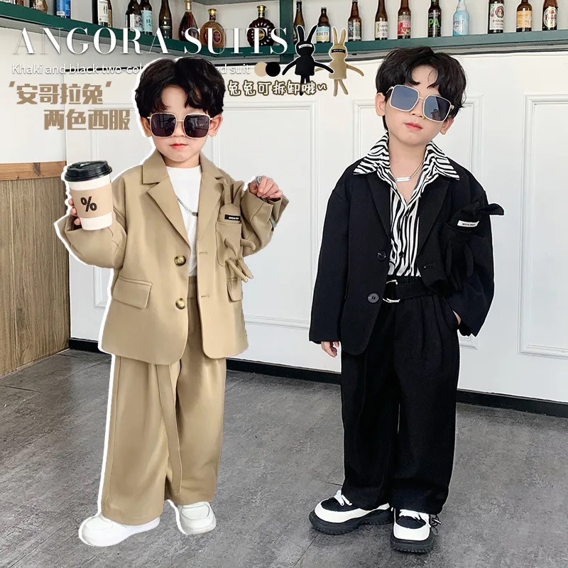 

New Boys Suits Fashion Casual Blazers Wide-legged Trousers 2 Piece Kids Clothes Set Khaki Loose Child Wedding Birthday Costumes