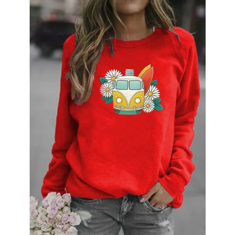 Women's Cartoon Car Flower Print Fashion Crew-neck Hoodie Streetwear Women  Sweatshirt  Sweatshirts  Women Clothing