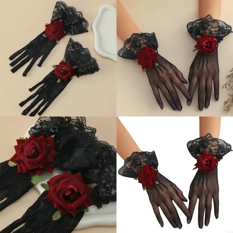 قفازات نسائية قصيرة من الدانتيل قفازات المعصم الزفاف مع زهرة للأوبرا مساء الزفاف حفلة موسيقية تأثيري 1920s 6XDA #1