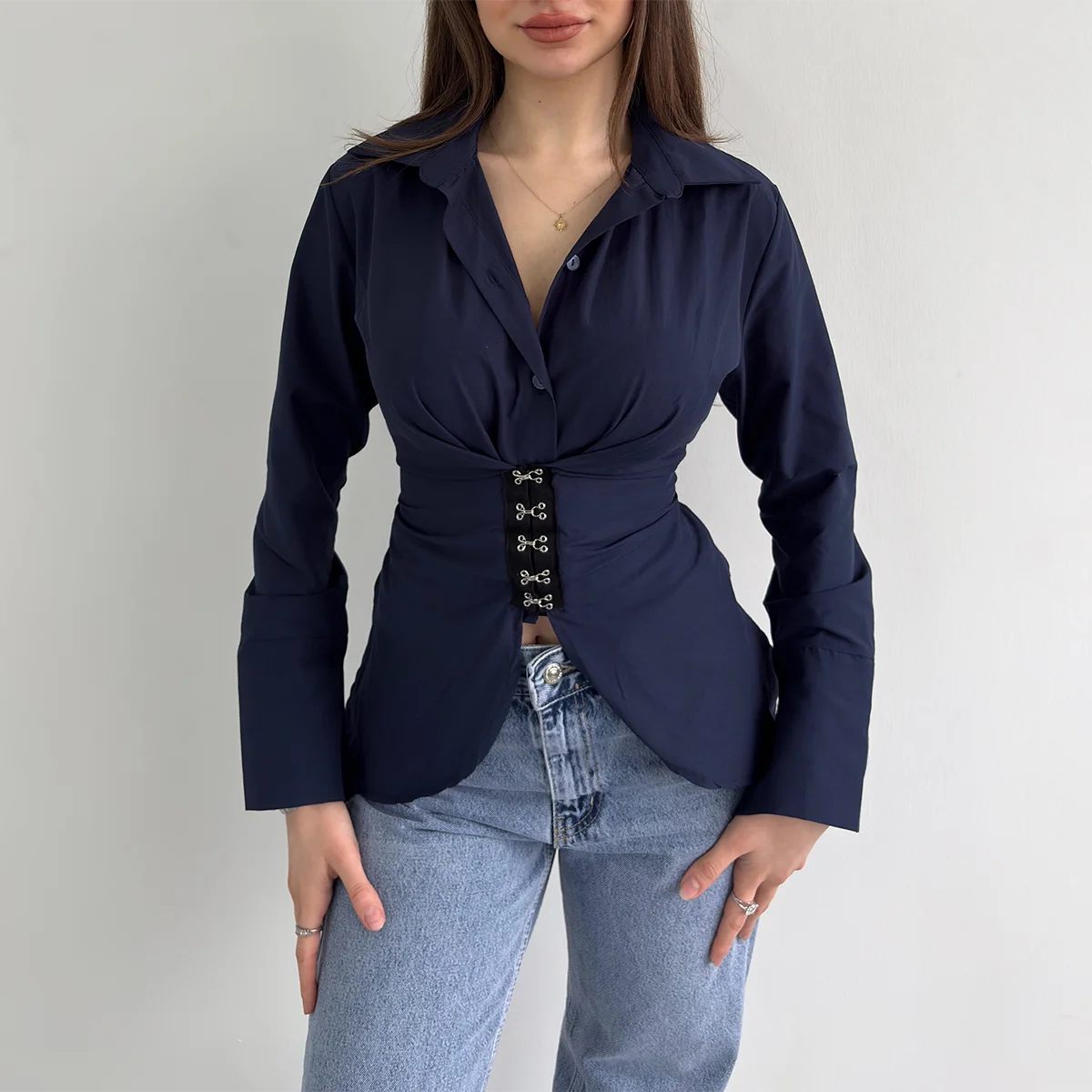 

BJTZ Women V Neck Long Sleeve Shirt Slim Waist Elegant Casual Tops Fashion Commute Blouse Spring Autumn