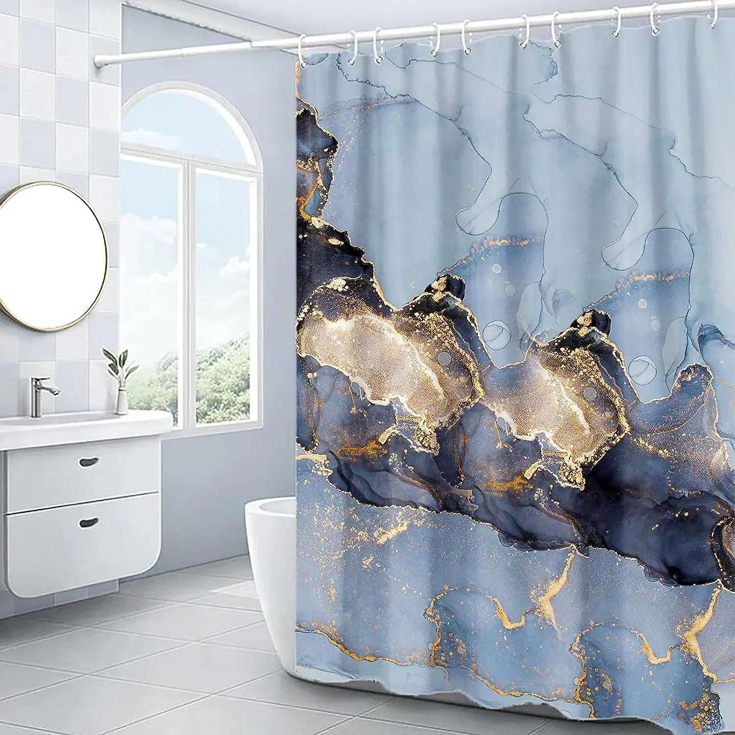 Blue Gold Marble Shower Curtains Golden Cracked Lines Abstract Modern Home Washable Polyester Fabric Bath Curtain Bathroom Decor