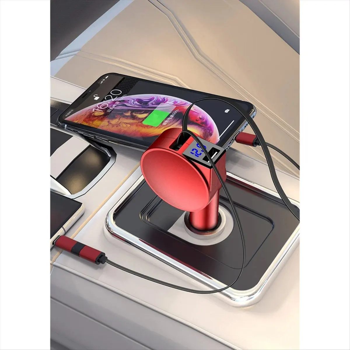 

Punctual- 3 in 1 60W Car Charger Adapter Telescopic Cord Dual Port Two Retractable Cables LED Voltmeter for Cellphone A Red