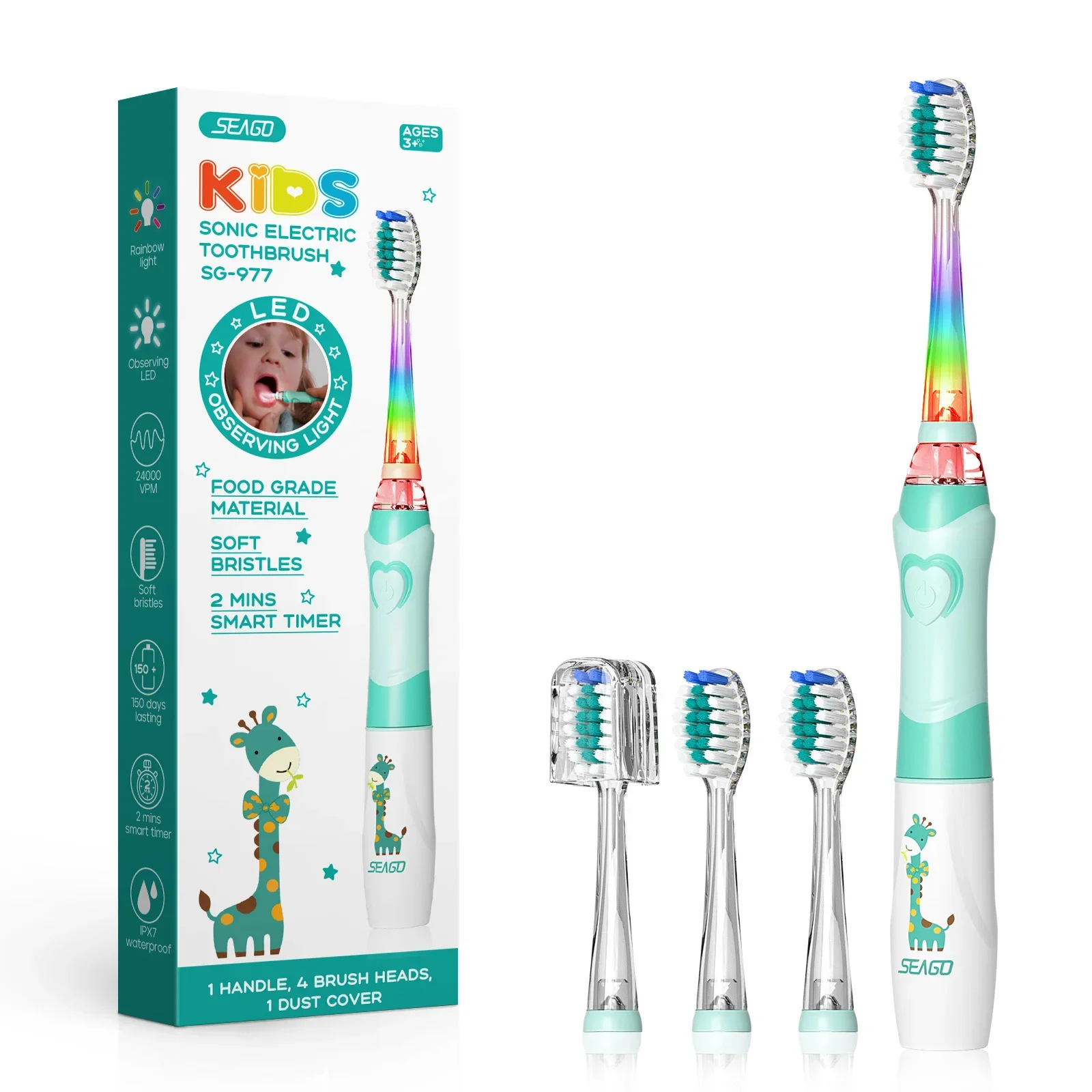 

SEAGO Sonic Electric Toothbrush Kids Battery Cartoon with Colorful LED Waterproof Soft Oral Hygiene Massage Teeth Care SG977