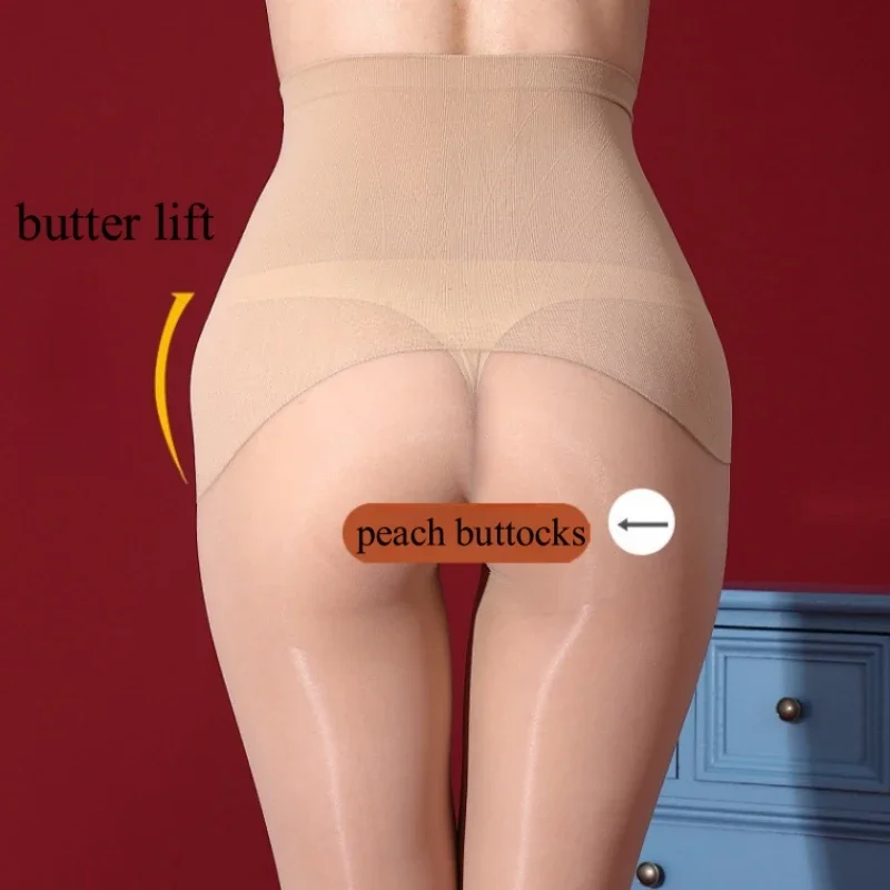 Collants façonnant taille haute sans couture pour femmes, brillant à l'huile, sous-vêtements fins et transparents, en Nylon extensible, levage des hanches, jambes