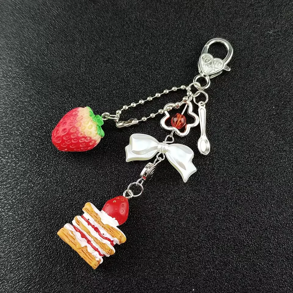 Sweet Cute Strawberry Cake Spoon Dessert Bowknot Hollow Flower Key Chains Mobile Phone Chain for Women Jewelry Accessory Gifts