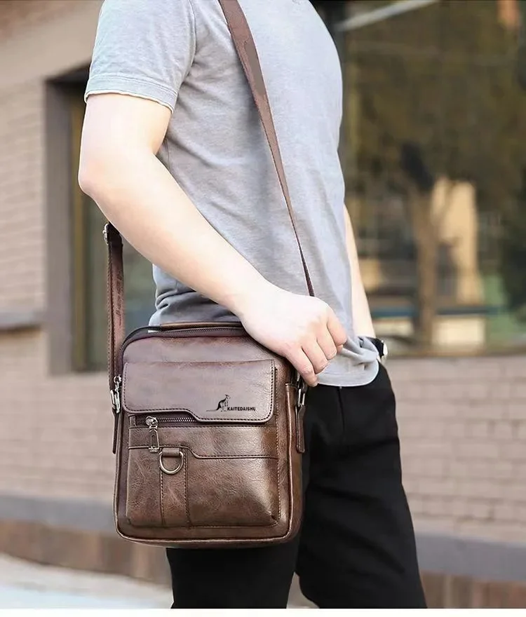 Bolso de hombro de cuero PU para hombre, bandolera con tapa, de gran capacidad, tridimensional, para negocios y ocio, marca de lujo