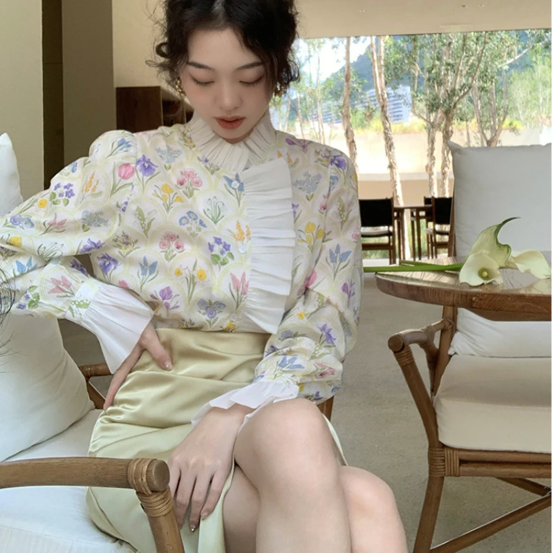 

Retro Elegant Wooden Ear Flower Shirt Women Spring 2023 New Lotus Leaf Sleeve Shirt Women Blouse Women Shirts Women Tops Vintage