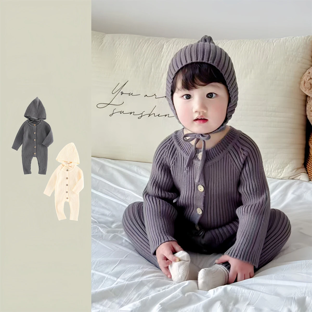 

Autumn Infant Baby Boys Rompers Striped Knit Newborn Boys Bodysuits 0-2Y Elastic Single Button Closure Toddler Boys Jumpsuit Hat