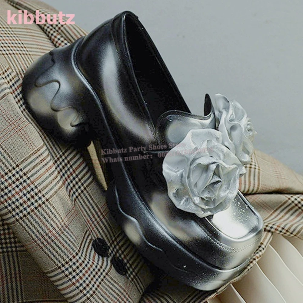 

Scribble Flowers Mary Jane Pumps Genuine Leather Square Toe Chunky Heels Slip-On Fashion Elegant Concise Sexy Women Shoes Newest