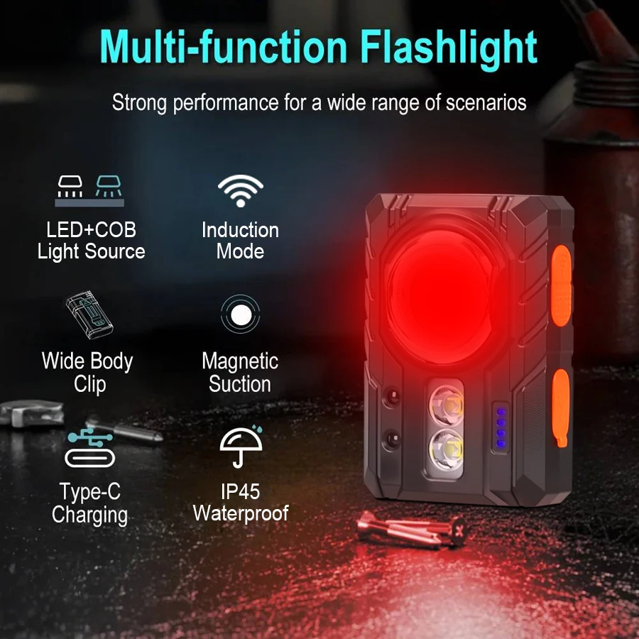 1000 MAH Powerful Portable Intelligent Work Light Red Warning Lamp Rechargeable Magnet Flashlight with Hat Clip Outdoor Running