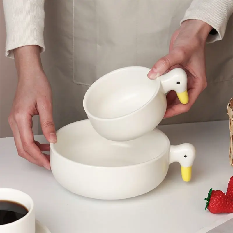 Cute Duck Ceramic Bowl Bring Handle Cutlery Baby Complementary Food Children Rice Bowl Teapot Coffee Cup Mug Dessert Plate