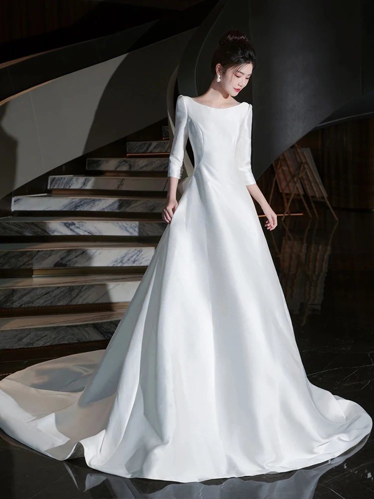 

Элегантное свадебное платье из атласа в пол для выездной церемонии, винтажное, простое, белое, для невесты