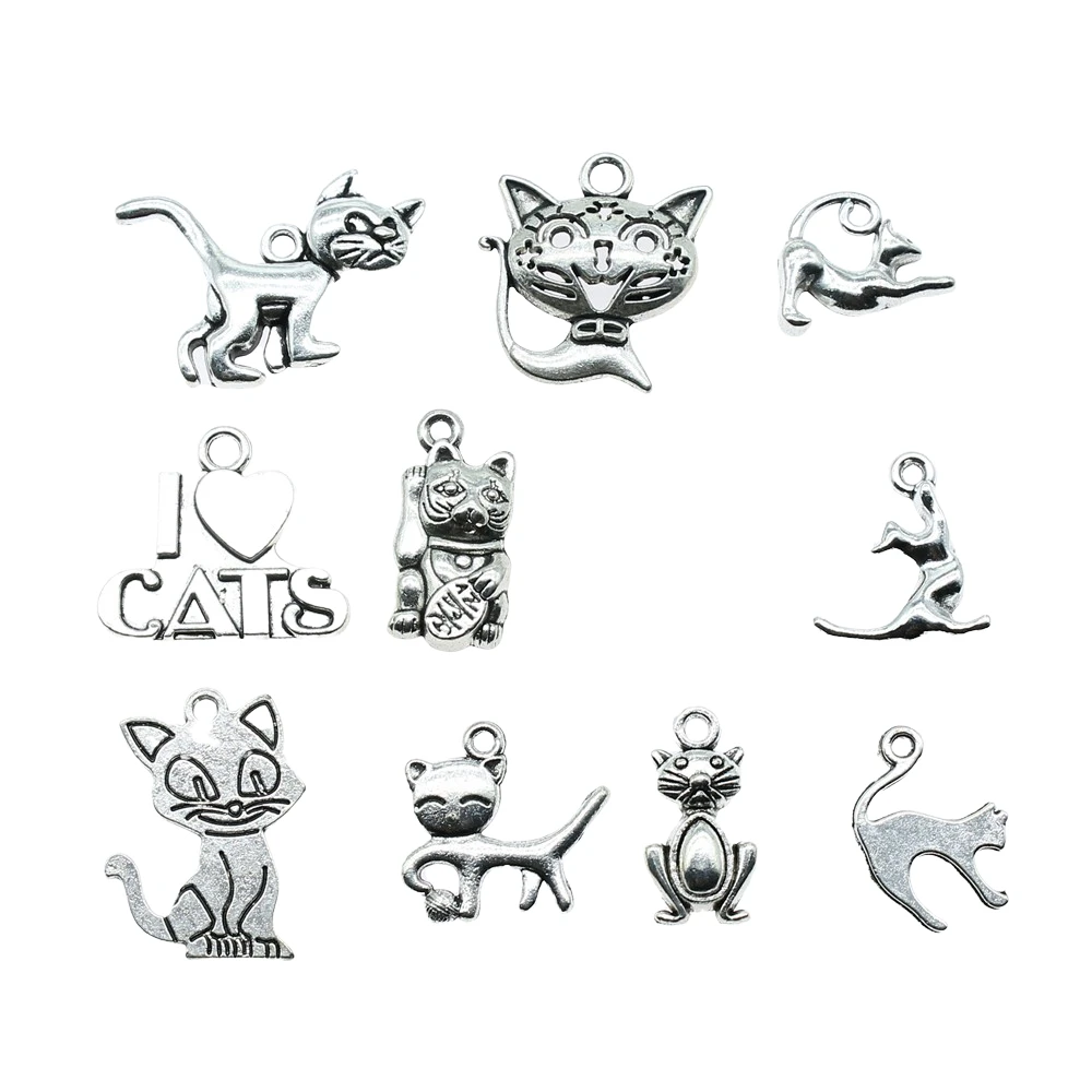 10pcs Charms Cat Antique Silver Color Cute Cat Pendant Charms Kawaii Cat Charms For Jewelry Making