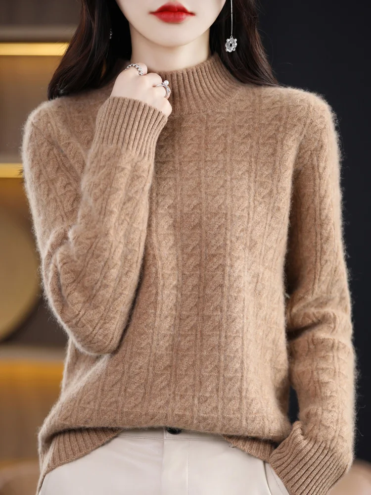 Women Sweater For Winter Thick Mock Neck Long Sleeve Sweater 100% Merino Wool Twist Flower Cashmere Knitted Jumper Korean Style