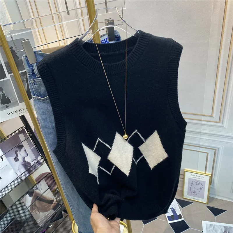 루즈 니트 스웨터 베스트 여성용 슬레 레트로 레이지 일본식 라운드 넥 베스트 가을 겨울 패션 출퇴근용 단색 스트레이트...