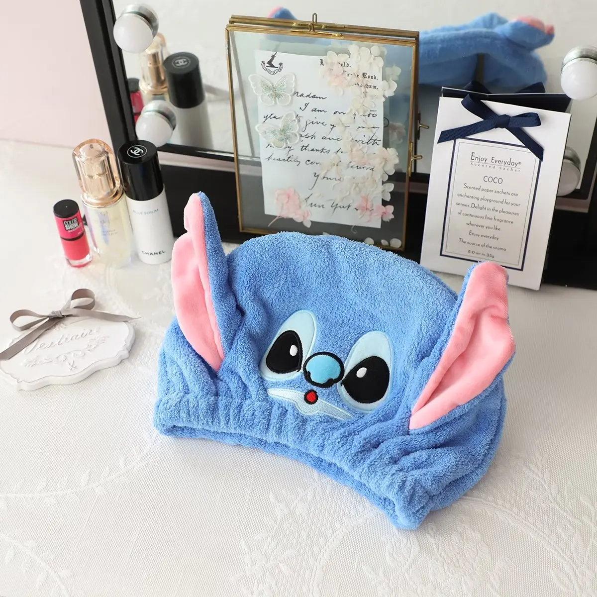 Disney Stitch Woman Girl Plush Hair drying cap Anime Stitch Kawaii extra thick quick drying bun head shower cap suction cap Gift