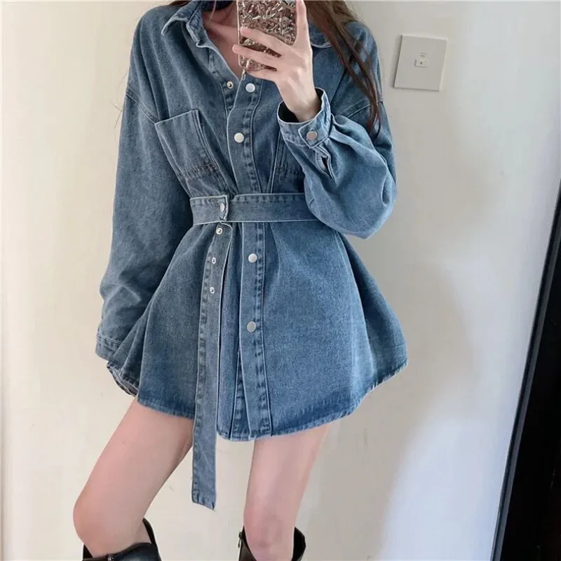 Spring temperament hundred take care of skinny age reduction in the long paragraph waist belt denim jacket Korean pocket top